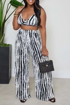 Tie Dye Striped Stylish Wide Leg Pant Suit