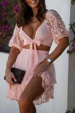 Lace Patchwork Girly Tie Front Skirt Suit