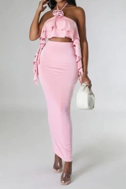 3D Rose Decor Ribbons Glamorous Skirt Suit