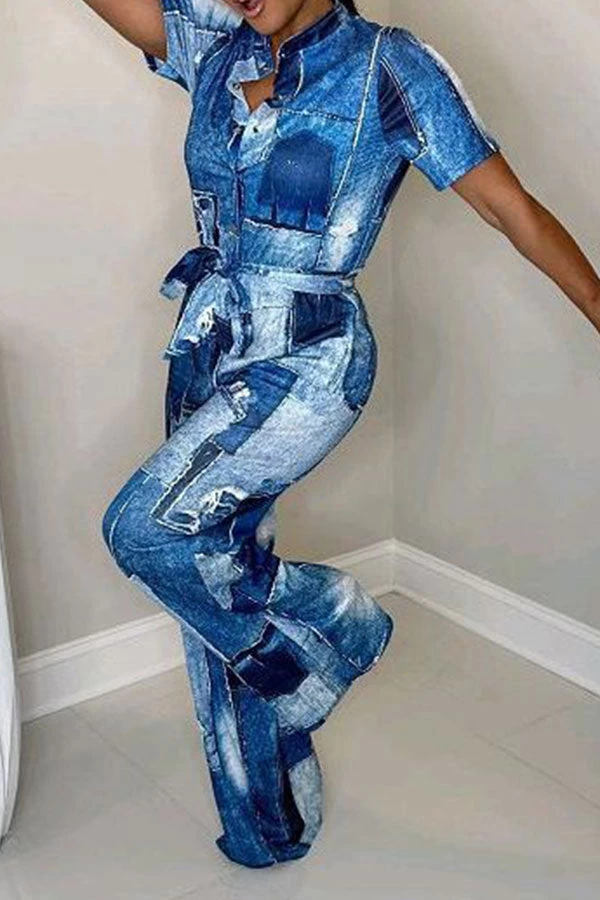 Denim Print Casual Belted Jumpsuit - Image 3