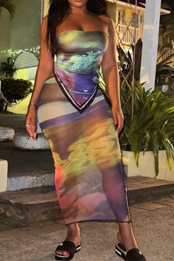 Abstract Print Kitsch Lace-Up See-Through Skirt Suit