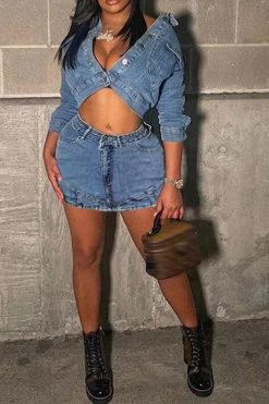 Solid Color Modern Denim Skirt Suit