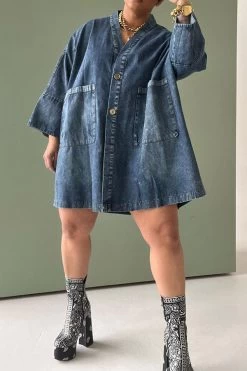 Gradient Retro Big Pocket Denim Mini Dress