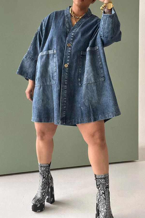 Gradient Retro Big Pocket Denim Mini Dress
