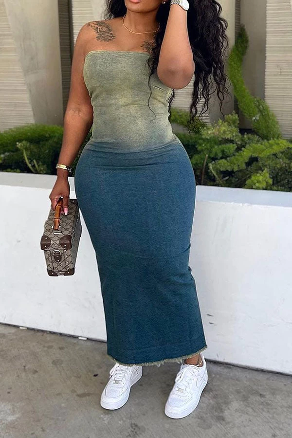 Gradient Denim Classic Bandeau Midi Dress - Image 3