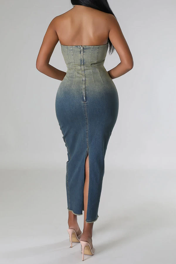 Gradient Denim Classic Bandeau Midi Dress - Image 5