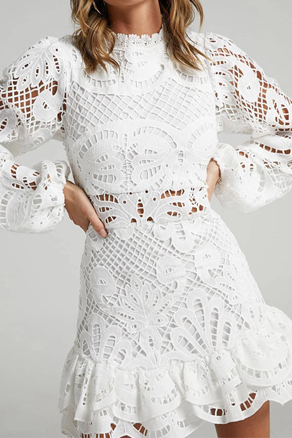 Hollow-Out Lace Girly Ruffle Mini Dress - Image 2