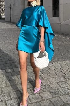 Solid Color Elegant Cape Sleeve Irregular Mini Dress