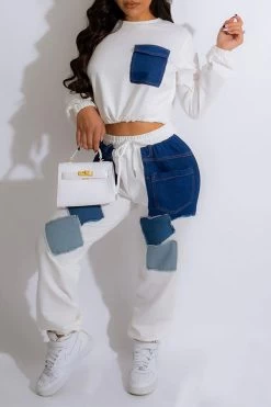 Applique Patchwork Sporty Drawstring Pant Suit
