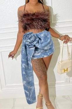 3D Flower Decor Sweet Tie Dye Denim Skirt