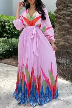 Leaf Print Classic Lace-Up Pleated Maxi Dress