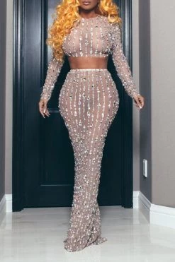 Crystal Glitter Striking See-Through Dress Suit