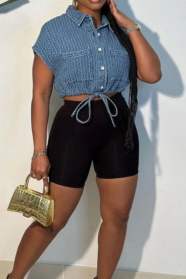 Solid Color Smart Drawstring Denim Gilet