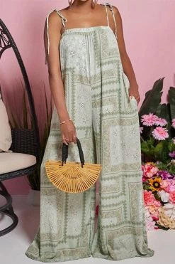 Tribal Print Tie Shoulder Relaxed Wide Leg Jumpsuit