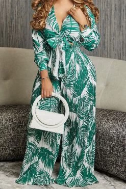 Leaf Print Chic Lace-Up Wide Leg Pant Suit