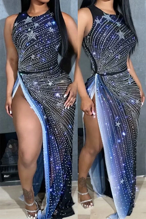 Rhinestone Unusual High Split Gradient Maxi Dress