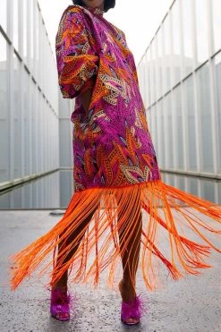 Leaf Print Bohemia Tassel Hem Midi Dress