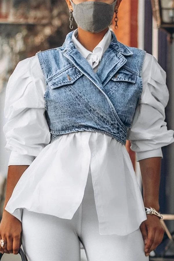Outstanding Puff Sleeve White Blouse & Adjustable Denim Gilet