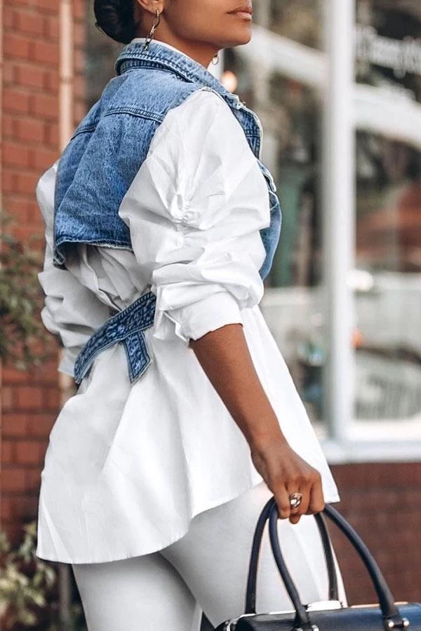 Outstanding Puff Sleeve White Blouse & Adjustable Denim Gilet - Image 3