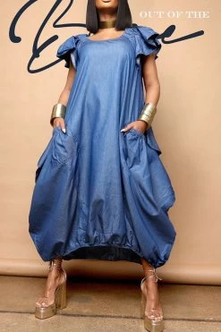 Solid Color Whimsical Patch Pocket Midi Dress