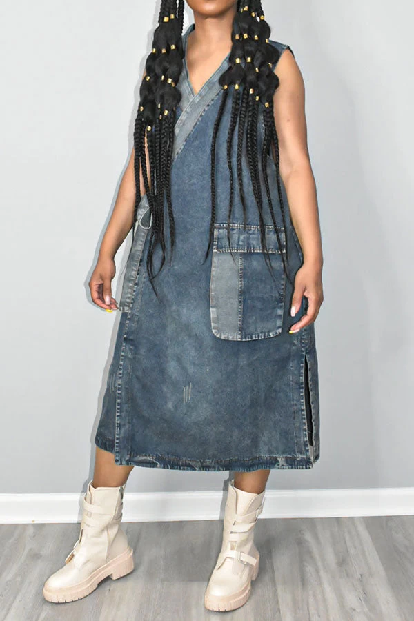 Patchwork Urban Lace-Up Denim Midi Dress - Image 2