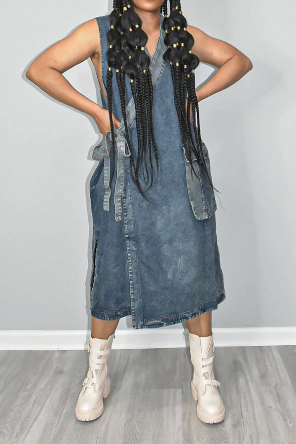 Patchwork Urban Lace-Up Denim Midi Dress - Image 4