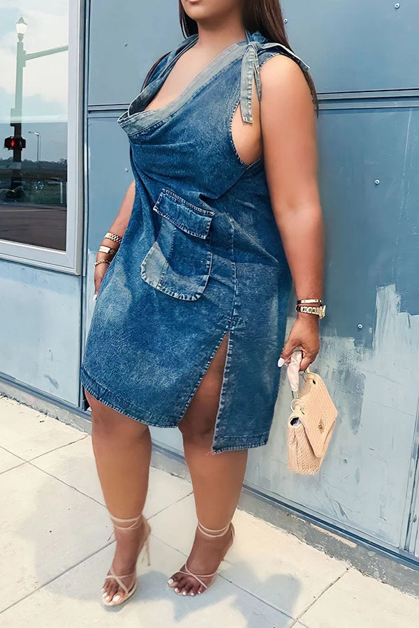 Patchwork Urban Lace-Up Denim Midi Dress - Image 5