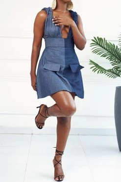 Color Block Smart Knotted Denim Mini Dress