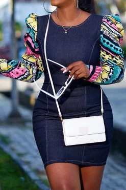 Graphic Print Patchwork Feminine Denim Mini Dress