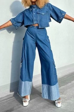 Color Block Cool Backless Patch Pocket Denim Pant Suit