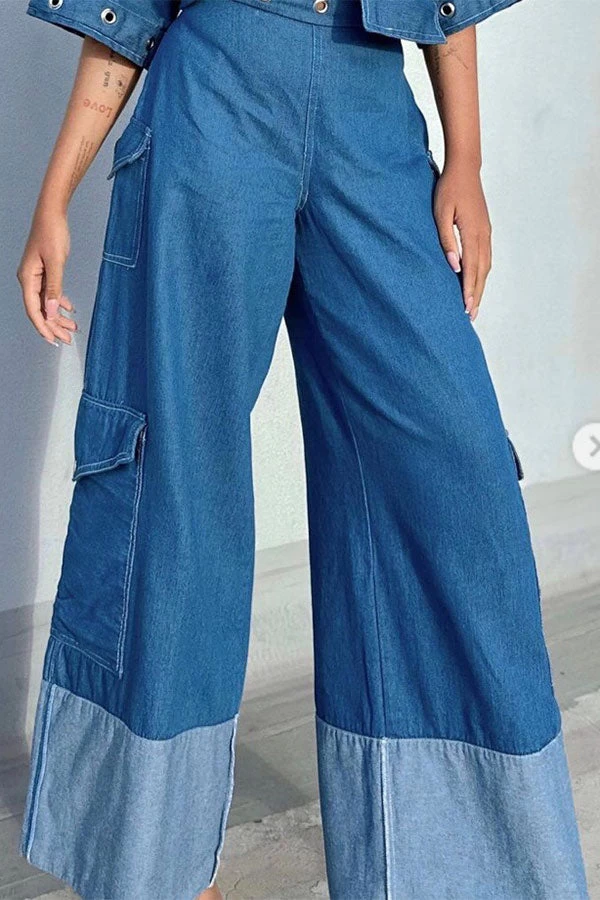 Color Block Cool Backless Patch Pocket Denim Pant Suit - Image 2