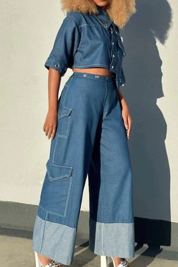 Color Block Cool Backless Patch Pocket Denim Pant Suit - Image 3